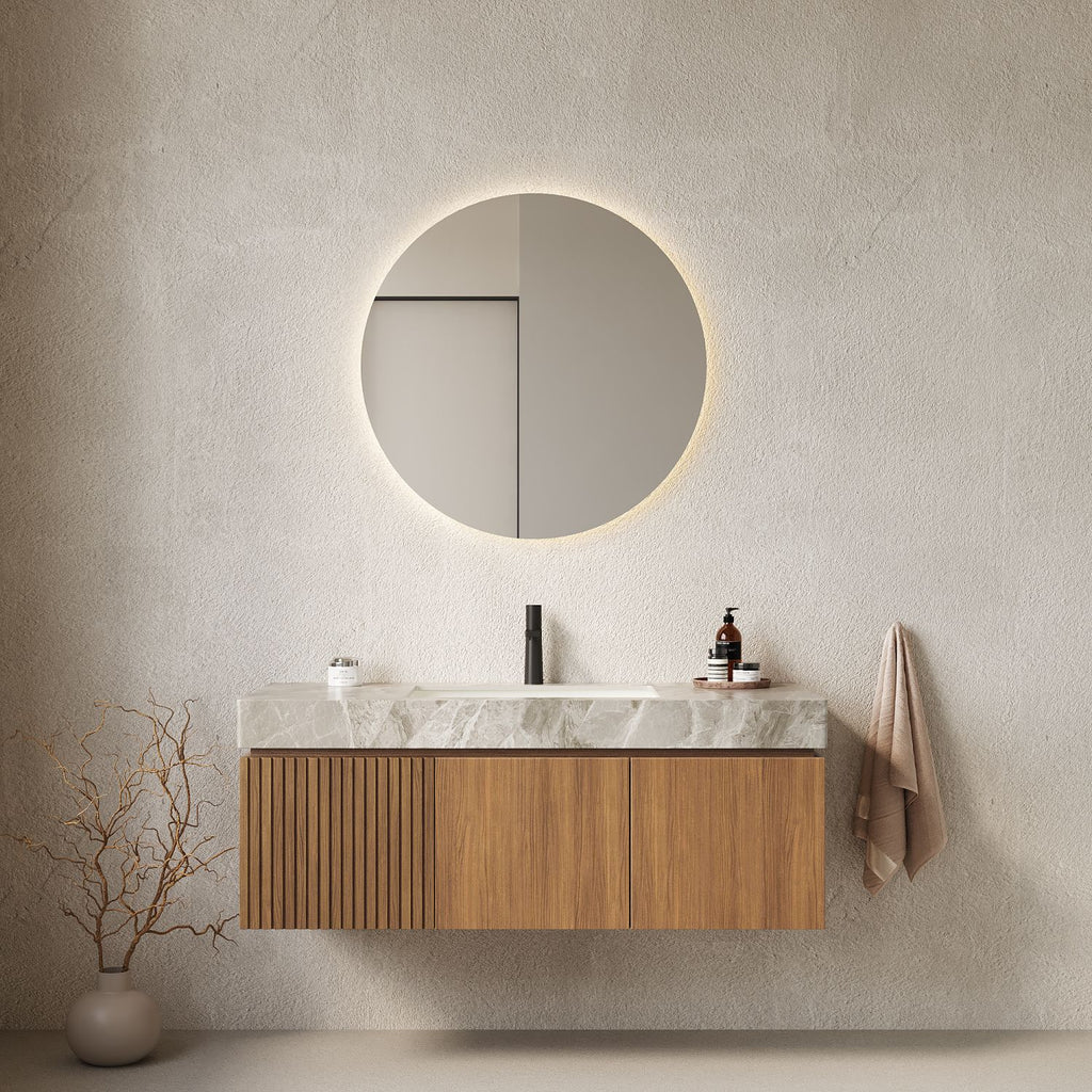 MURI 48" Bathroom Vanity with Sink, Wall-Mounted Plywood Bathroom Storage Cabinet with Drawer and 2 Doors, Light Gray Sintered Stone Countertop and White Ceramic Basin, Pre-assembled, Espresso