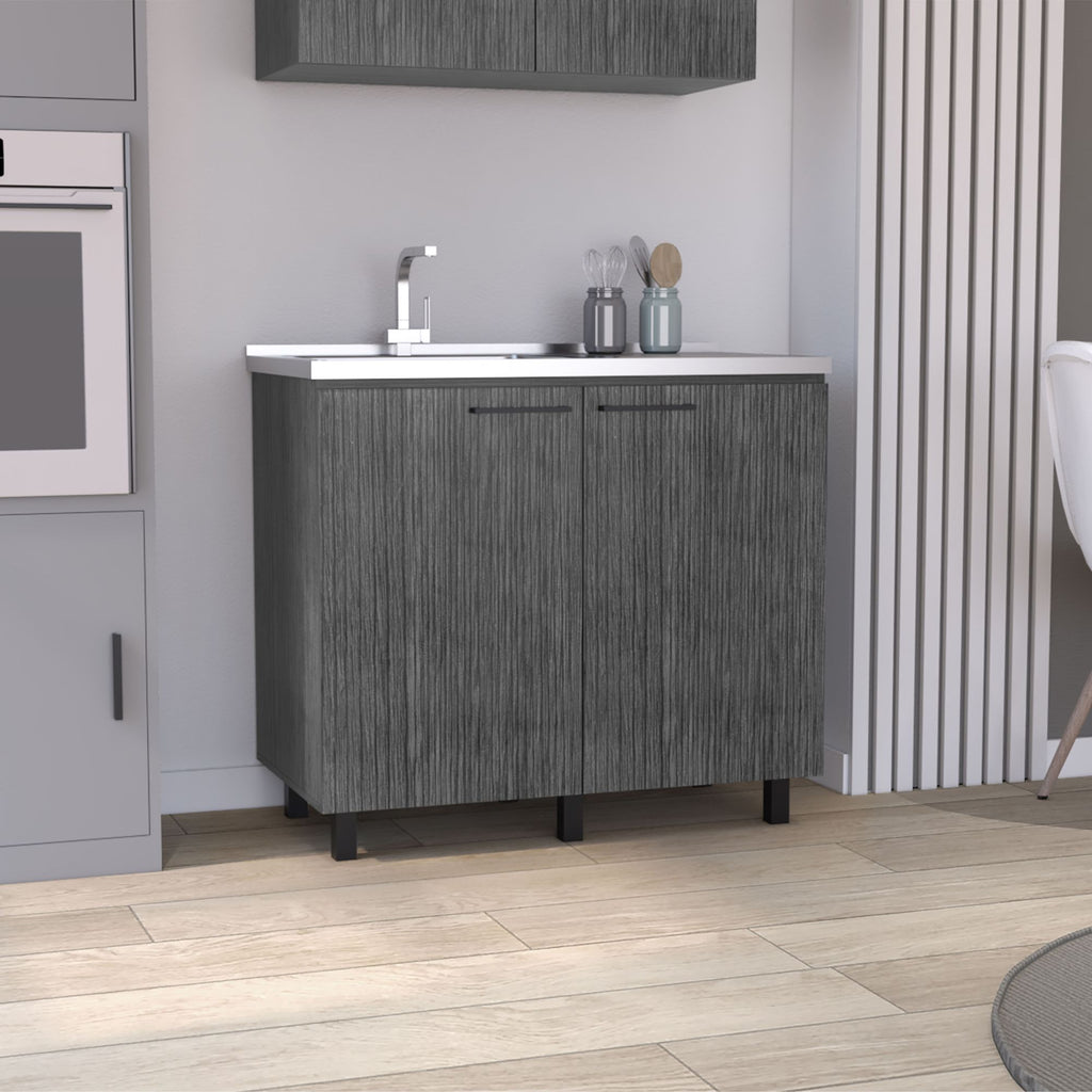 Napoles 2 Utility Sink with Cabinet, Stainless Steel Countertop, Interior Shelf Smokey Oak
