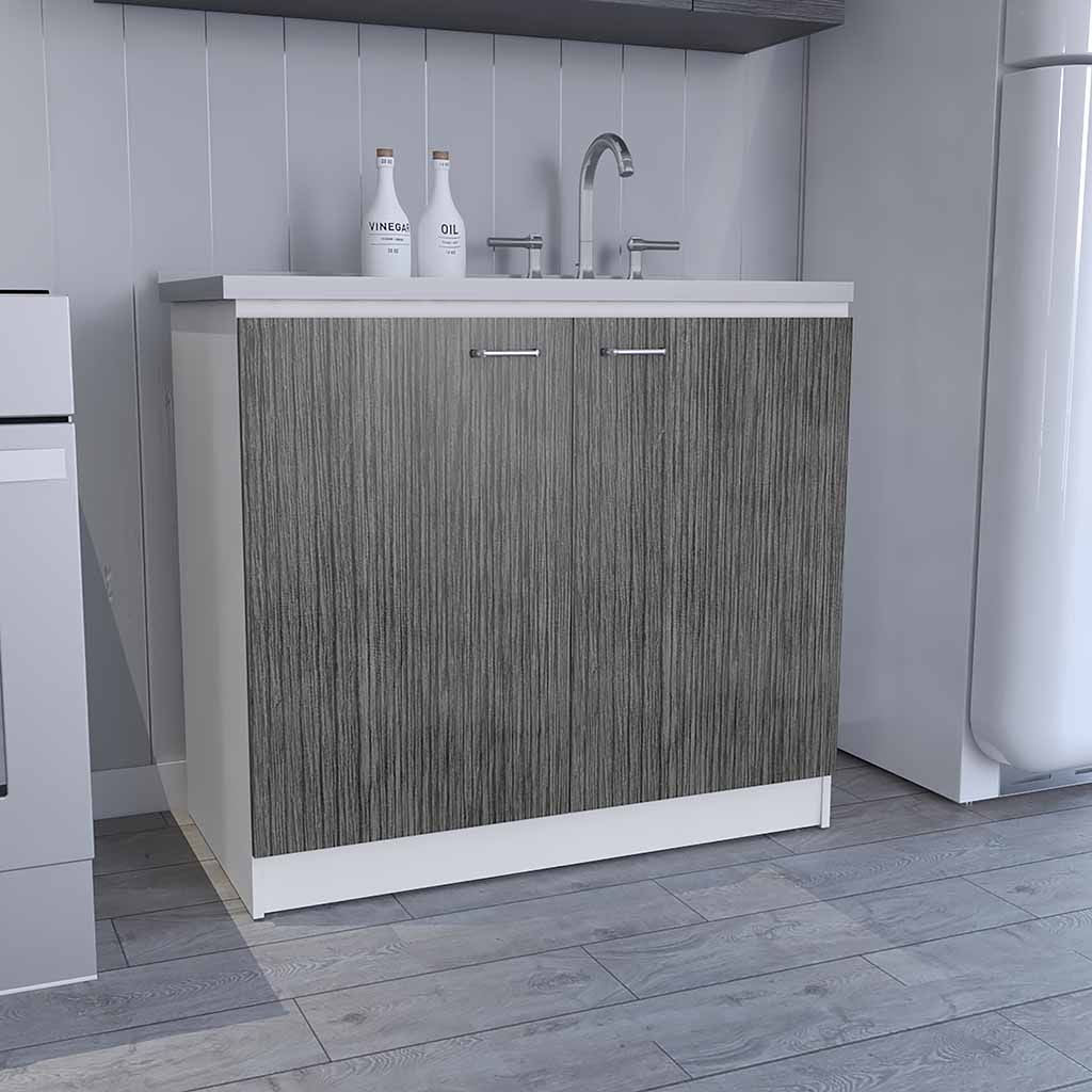 Napoles Utility Sink with Cabinet, One Shelf, Double Door Cabinet -White / Smokey Oak
