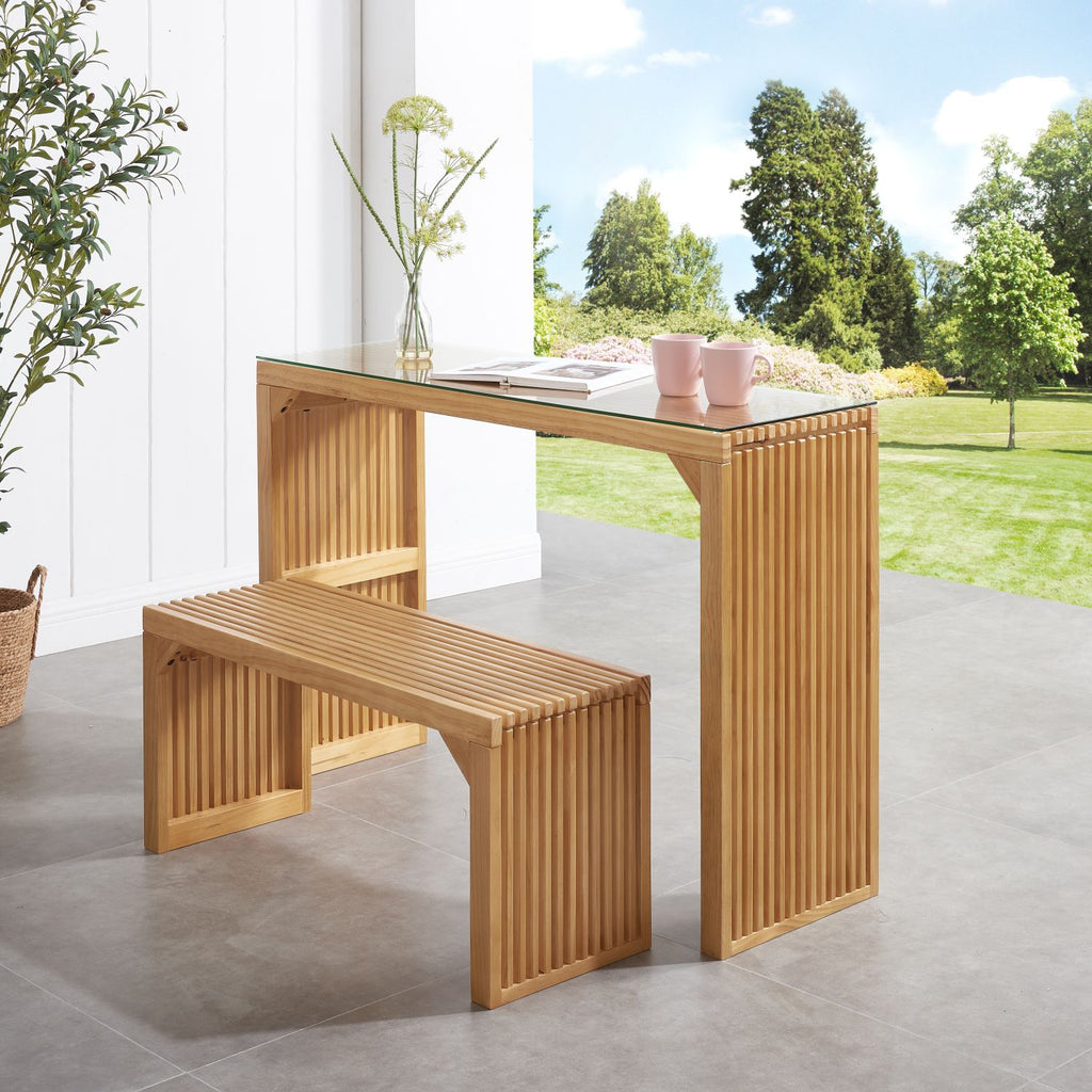 Natural Pine Dining Long Bench and Table Set – Versatile Indoor Wood Furniture for Entryway, Living Room, Kitchen, and Bedroom – Includes Small Tempered Glass Top