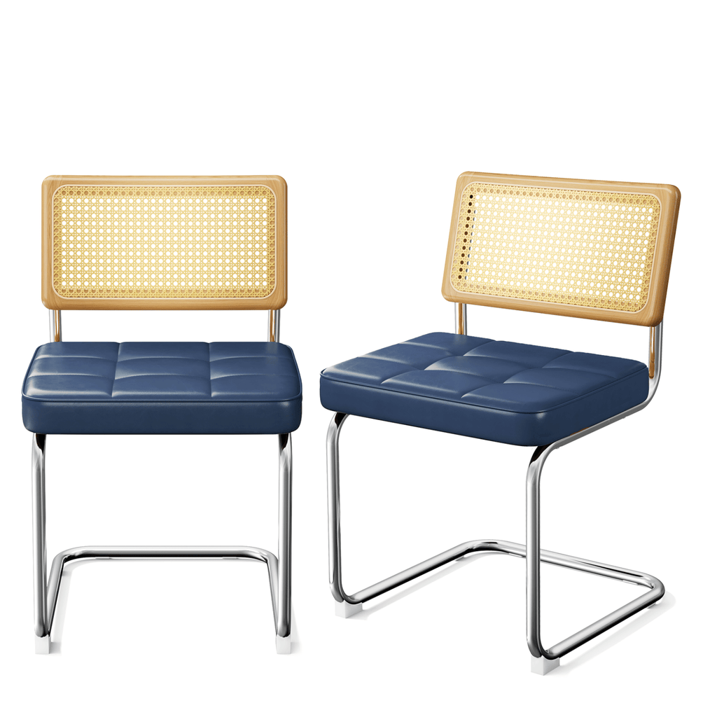 Natural Rattan Dining Chairs Set of 2, Modern Dining Room Chairs with Solid Wood Back for Kitchen Living Room, Mid Century Breuer Design Inspired, Upholstered Faux Leather (Blue)