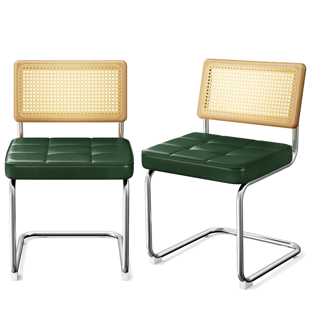 Natural Rattan Dining Chairs Set of 2, Modern Dining Room Chairs with Solid Wood Back for Kitchen Living Room, Mid Century Breuer Design Inspired, Upholstered Faux Leather (Green)