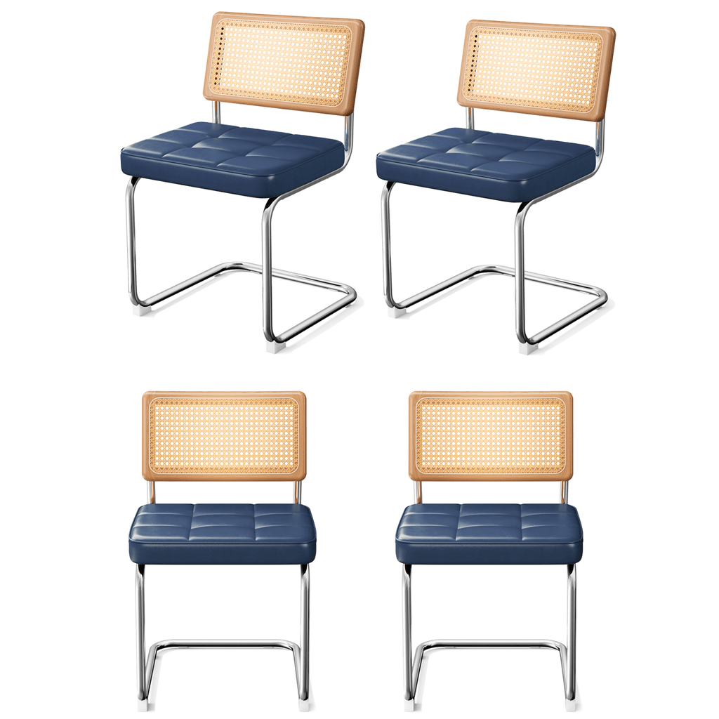Natural Rattan Dining Chairs Set of 4, Modern Dining Room Chairs with Solid Wood Back for Kitchen Living Room, Mid Century Breuer Design Inspired, Upholstered Faux Leather (Blue)