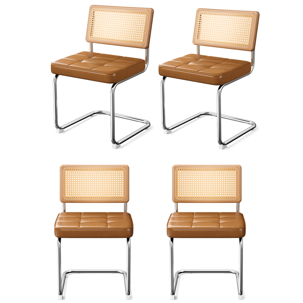 Natural Rattan Dining Chairs Set of 4, Modern Dining Room Chairs with Solid Wood Back for Kitchen Living Room, Mid Century Breuer Design Inspired, Upholstered Faux Leather (Brown)