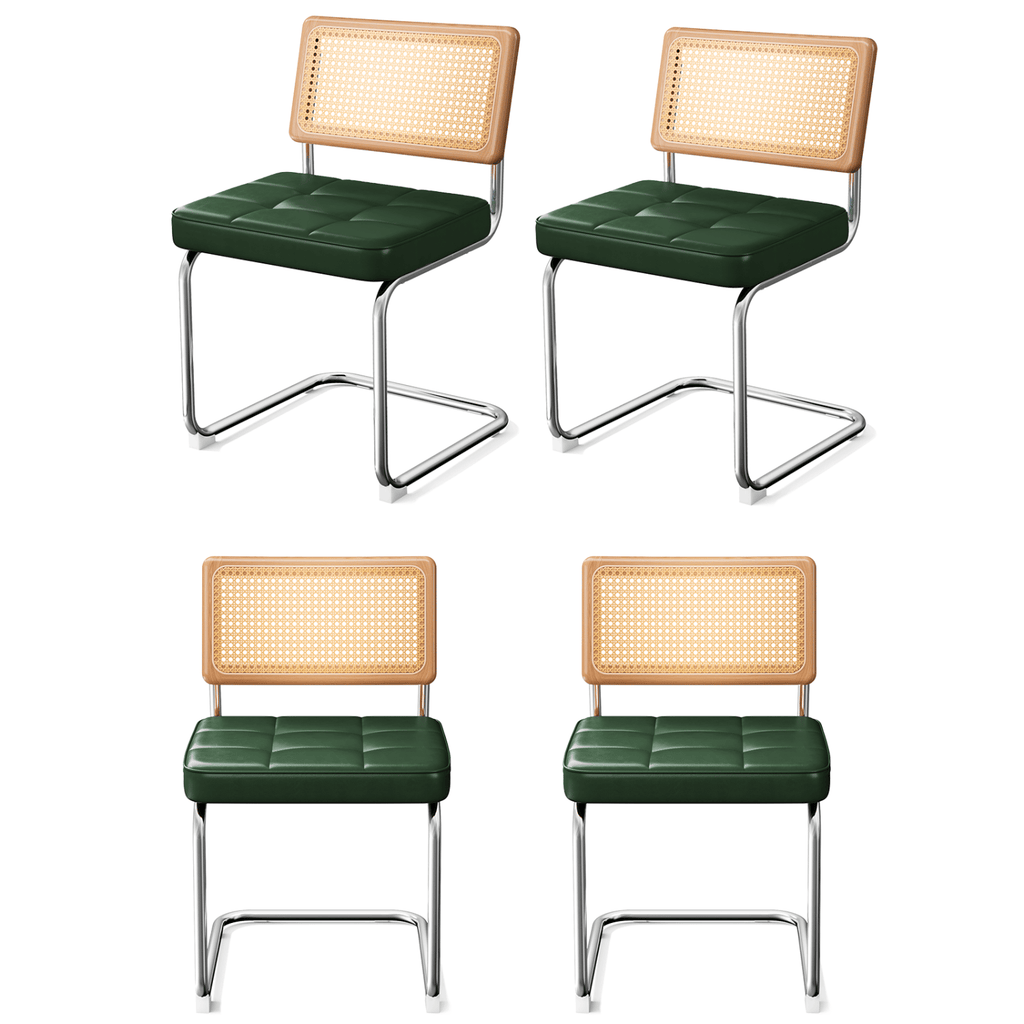 Natural Rattan Dining Chairs Set of 4, Modern Dining Room Chairs with Solid Wood Back for Kitchen Living Room, Mid Century Breuer Design Inspired, Upholstered Faux Leather (Green)
