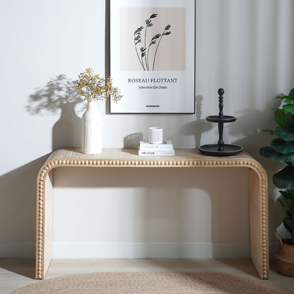 Natural wood Console Table, 59in Entryway Table, Curved Waterfall-style Table,Console table with wood beads,Entrance Table for Entryway, Hallway, Living Room, Foyer, Corridor, Office