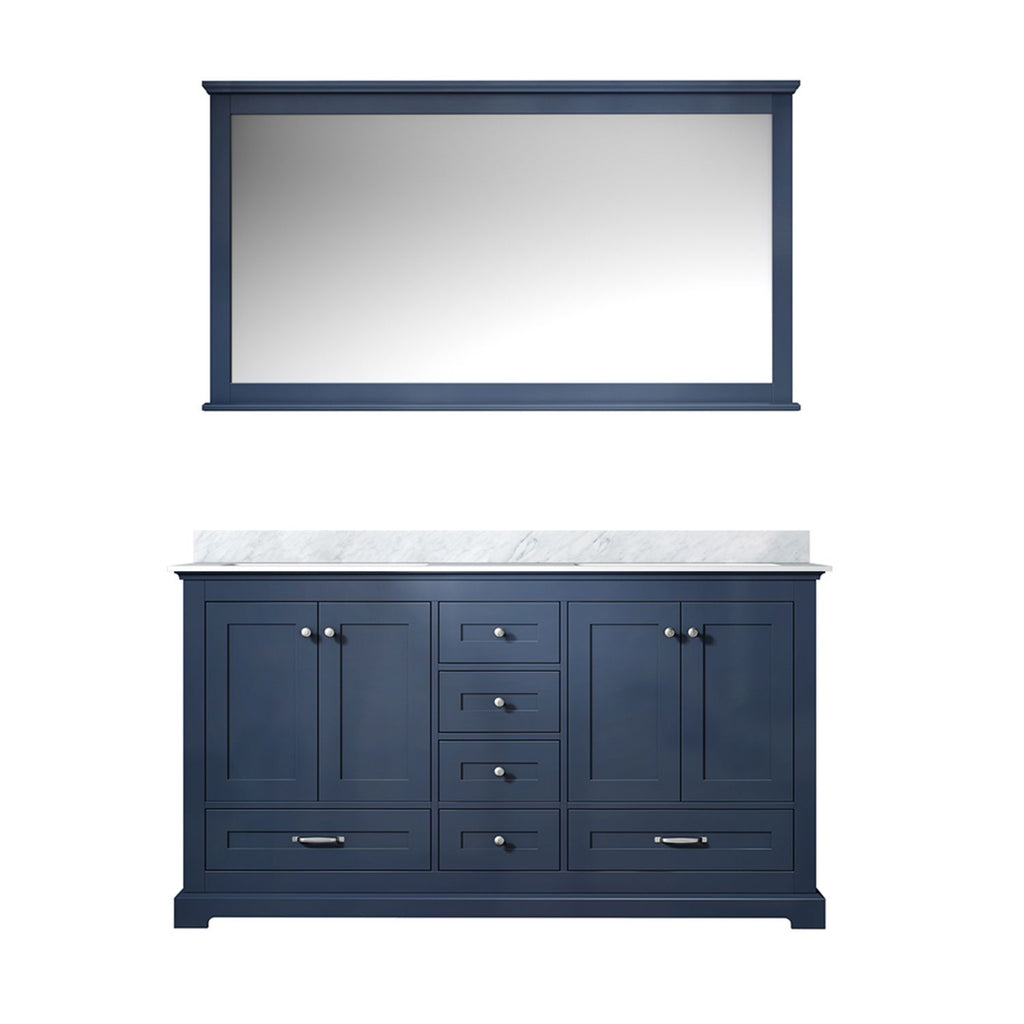 Navy Blue Double Bath Vanity 60 in. W x 22 in. D, Carrara Marble Top, and 58 in. Mirror