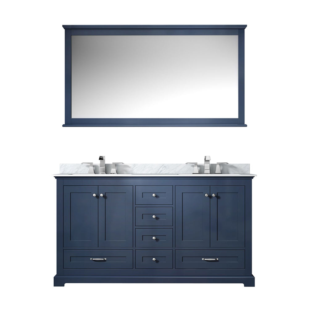 Navy Blue Double Bath Vanity 60 in. W x 22 in. D, Carrara Marble Top, Faucet Set, and 58 in. Mirror