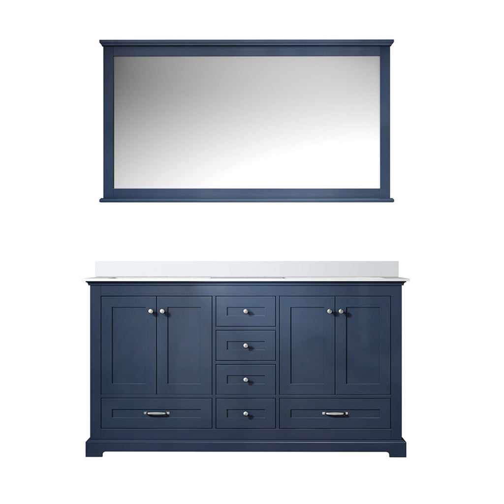 Navy Blue Double Bath Vanity 60 in. W x 22 in. D, White Quartz Top, and 58 in. Mirror