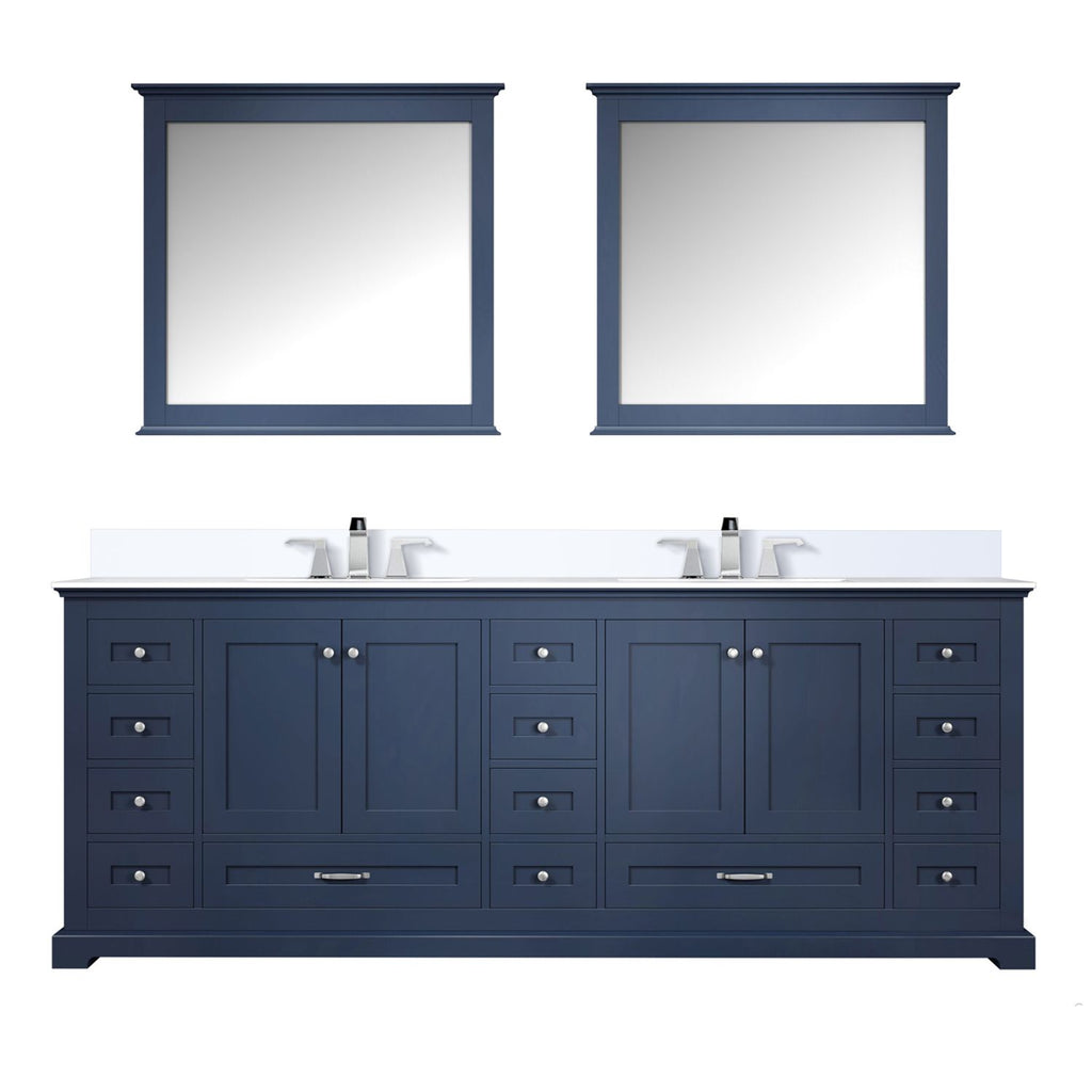 Navy Blue Double Bath Vanity 84 in. W x 22 in. D, White Quartz Top, Faucet Set, and 34 in. Mirrors