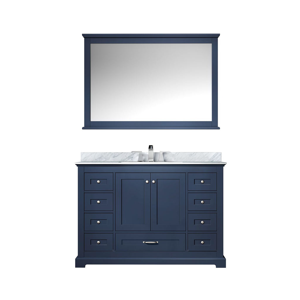 Navy Blue Single Bath Vanity 48 in. W x 22 in. D, Carrara Marble Top, Faucet Set, and 46 in. Mirror