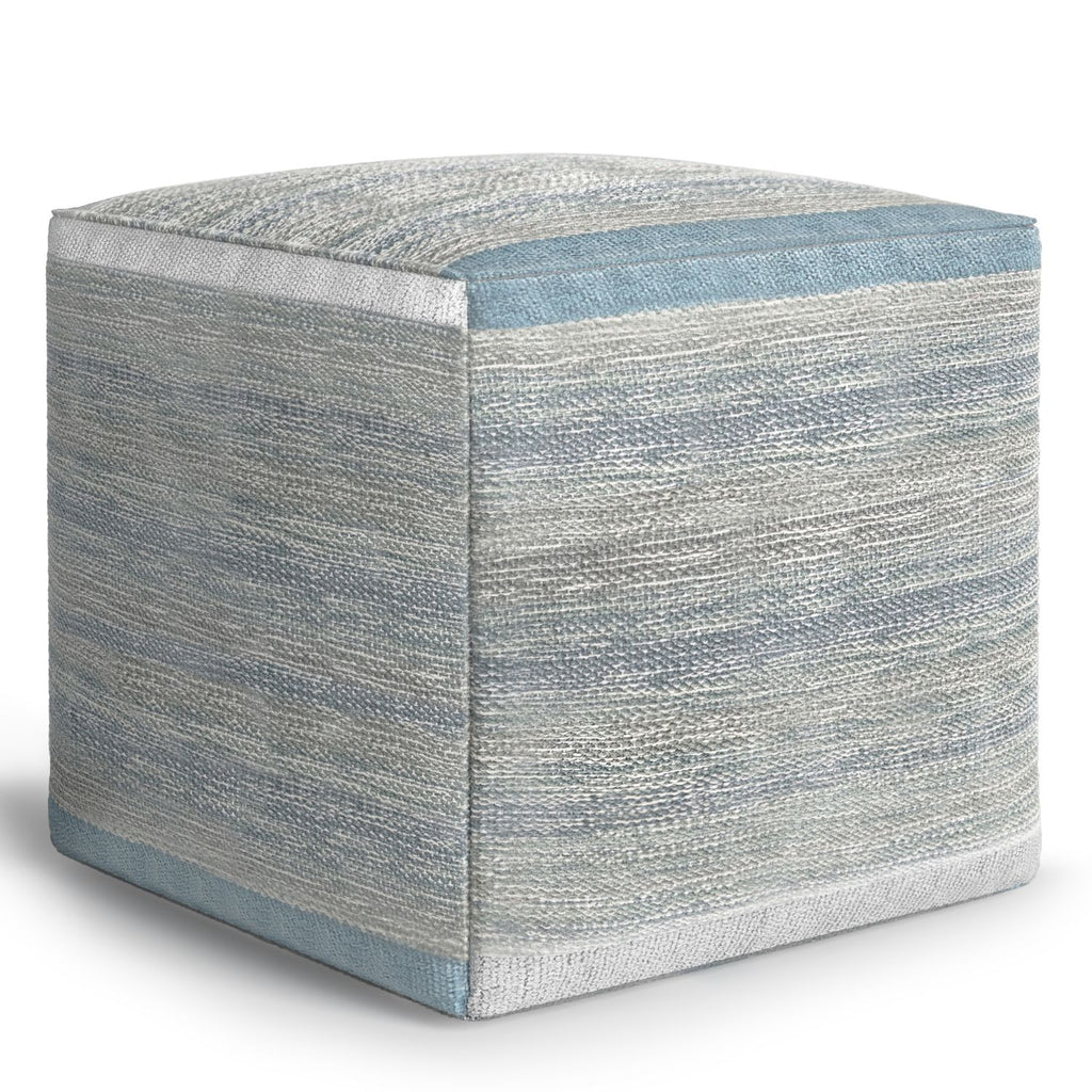 Naya 16 inch Wide Cube Pouf in Blue Melange Handwoven Cotton