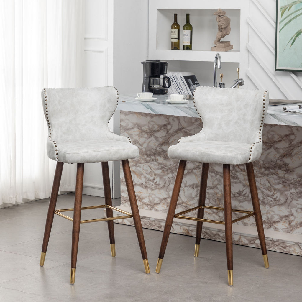 Nevis Mid-century Modern Faux Leather Tufted Nailhead Trim Barstool Set of 2, Off-White