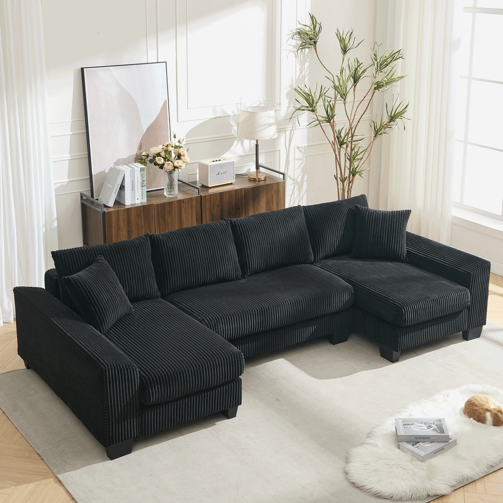 [NEW ARRIVED] [VIDEO PROVIDED] 114" Sleeper Sofa,U Shaped Sofa , Pull Out Bed,Convertible Oversize 2 in 1 Sleeper Sofa, Living Room,Upholstery Sofa Bed,Adjustable Sleeper Sofa,Corduroy,Black