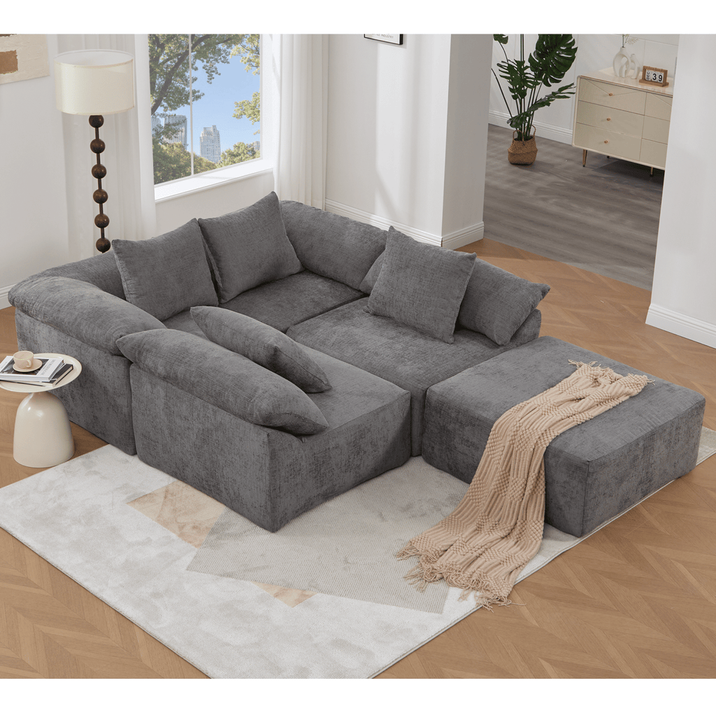 [NEW ARRIVED] [VIDEO PROVIDED] 142" L Shaped Modular Sectional Sofa,No Assembly,5 Piece Couch, Convertible Sleeper Couch,Full-Compressed Couch,Free-Combined Couches,5 Seat & Ottoman,Chenille,Gray