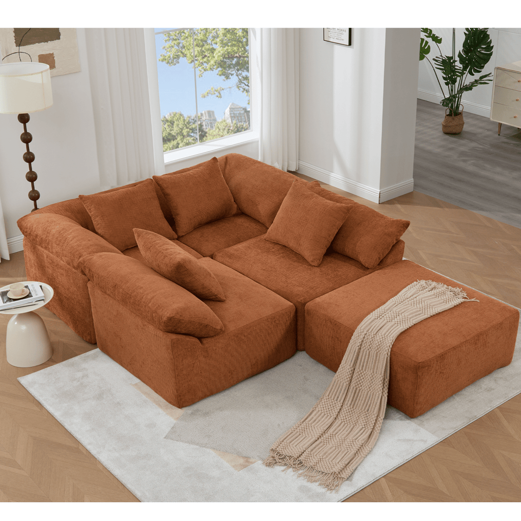 [NEW ARRIVED] [VIDEO PROVIDED] 142" L Shaped Modular Sectional Sofa,No Assembly,5 Piece Couch, Convertible Sleeper Couch,Full-Compressed Couch,Free-Combined Couches,5 Seat & Ottoman,Chenille,Orange