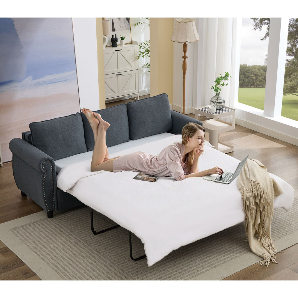 [NEW ARRIVED] [VIDEO PROVIDED] 81.5" 2-in-1 Queen Convertible Sleeper Sofa Bed, Pull Out Couch Bed,3 seater sofa bed,with 3.35" Memory Foam Mattress ,Rivet handrail,Living Room, Apartment, Dark Gray