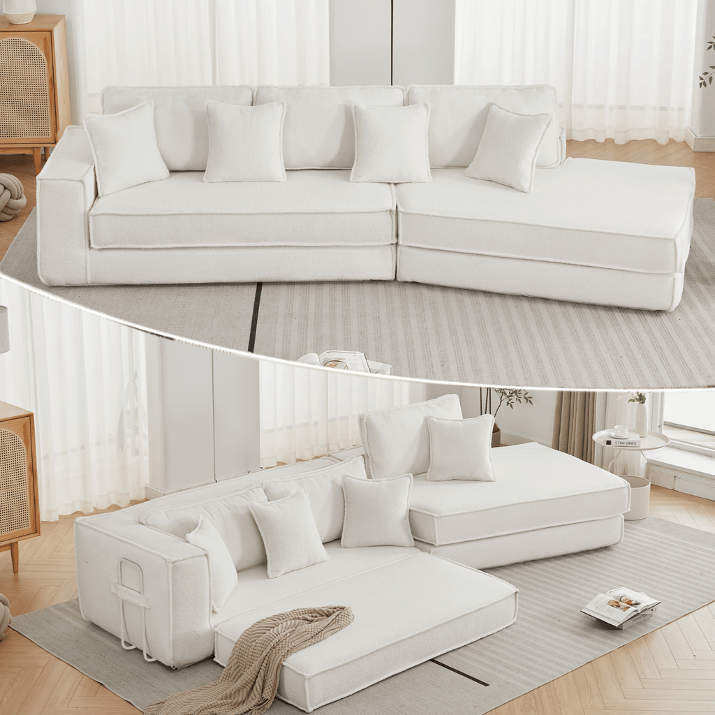 [NEW ARRIVED] [VIDEO PROVIDED] Folding Convertible Out Sleeper Sofa Bed,2-in-1, Combination Convertible Sofa,3 seat, Upholstered,Fold Out Floor Gaming Sofa Bed , Lamb Velvet Fabric,Living Room,Beige