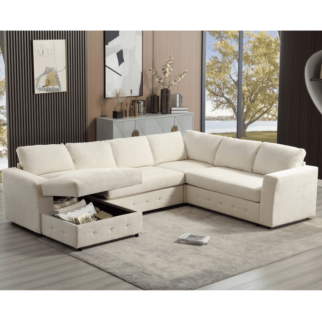[NEW ARRIVED] [VIDEO PROVIDED]110.75" Sectional Sofa,Oversized modular sofa,Chaise Storage, Modern U Shaped Couch , Upholstered Sofas,Chenille,Crystal button , Living Room, Apartment, Beige