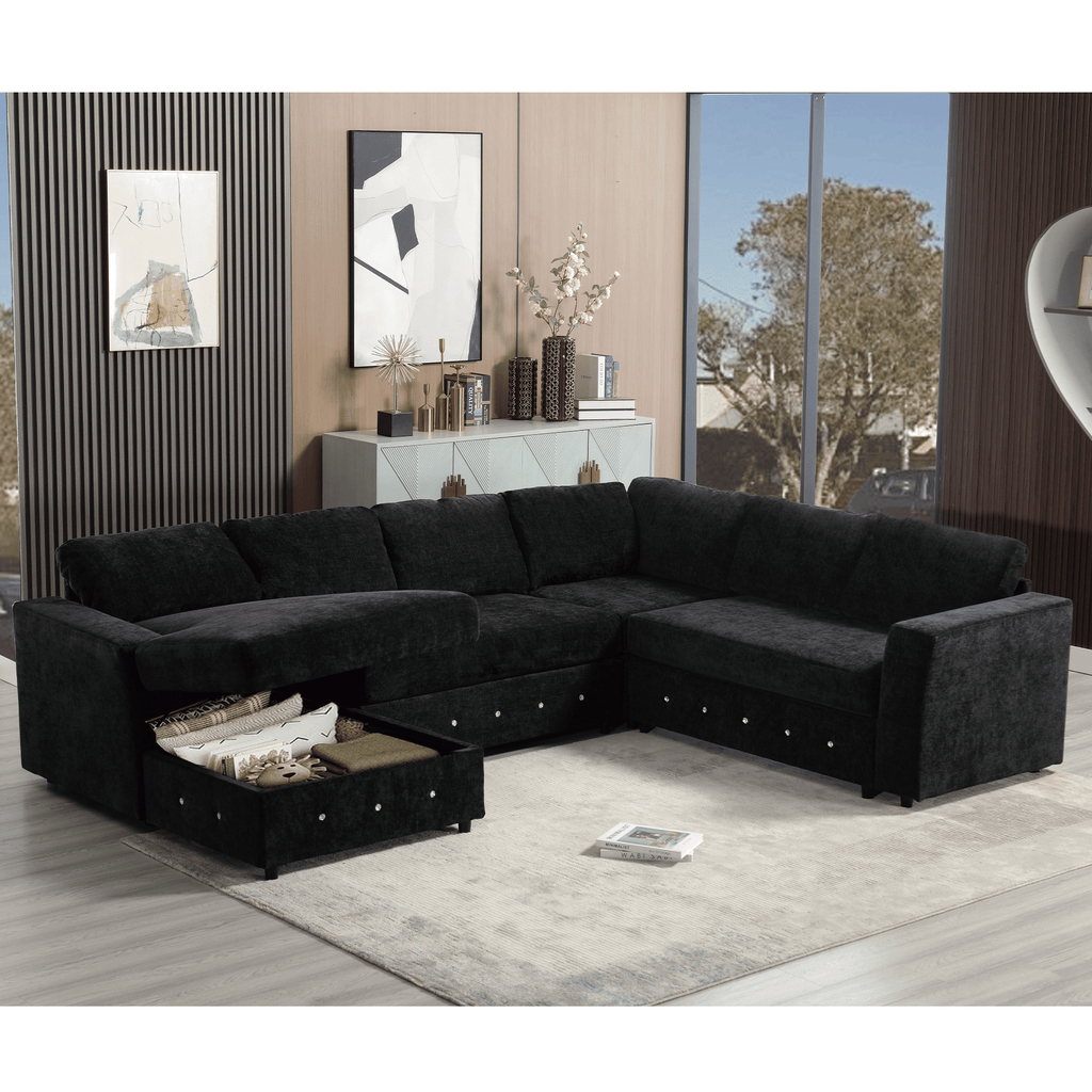 [NEW ARRIVED] [VIDEO PROVIDED]110.75" Sectional Sofa,Oversized modular sofa,Chaise Storage, Modern U Shaped Couch , Upholstered Sofas,Chenille,Crystal button , Living Room, Apartment, Black