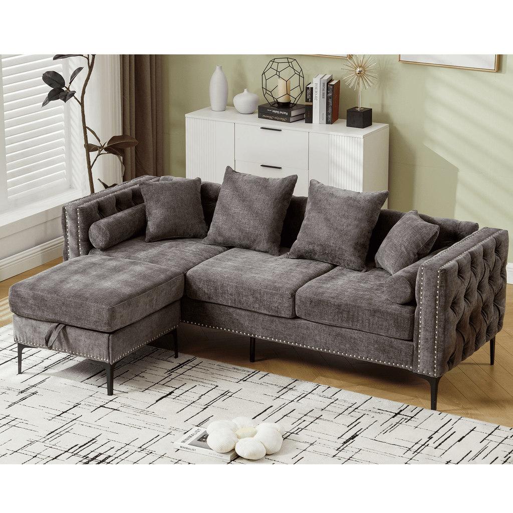 [NEW ARRIVED] [VIDEO PROVIDED]L Shaped Sectional Sofa , Convertible Storage Ottoman,Chenille ,Square Arm, Modern Tufted Couch ,3 Seater, And Nailhead, Dark gray