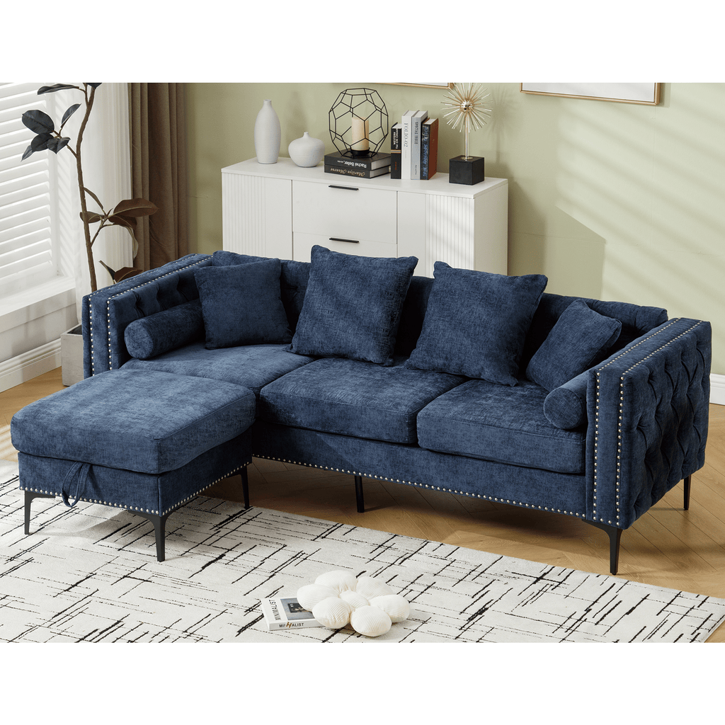 [NEW ARRIVED] [VIDEO PROVIDED]L Shaped Sectional Sofa , Convertible Storage Ottoman,Chenille ,Square Arm, Modern Tufted Couch ,3 Seater, And Nailhead,Blue
