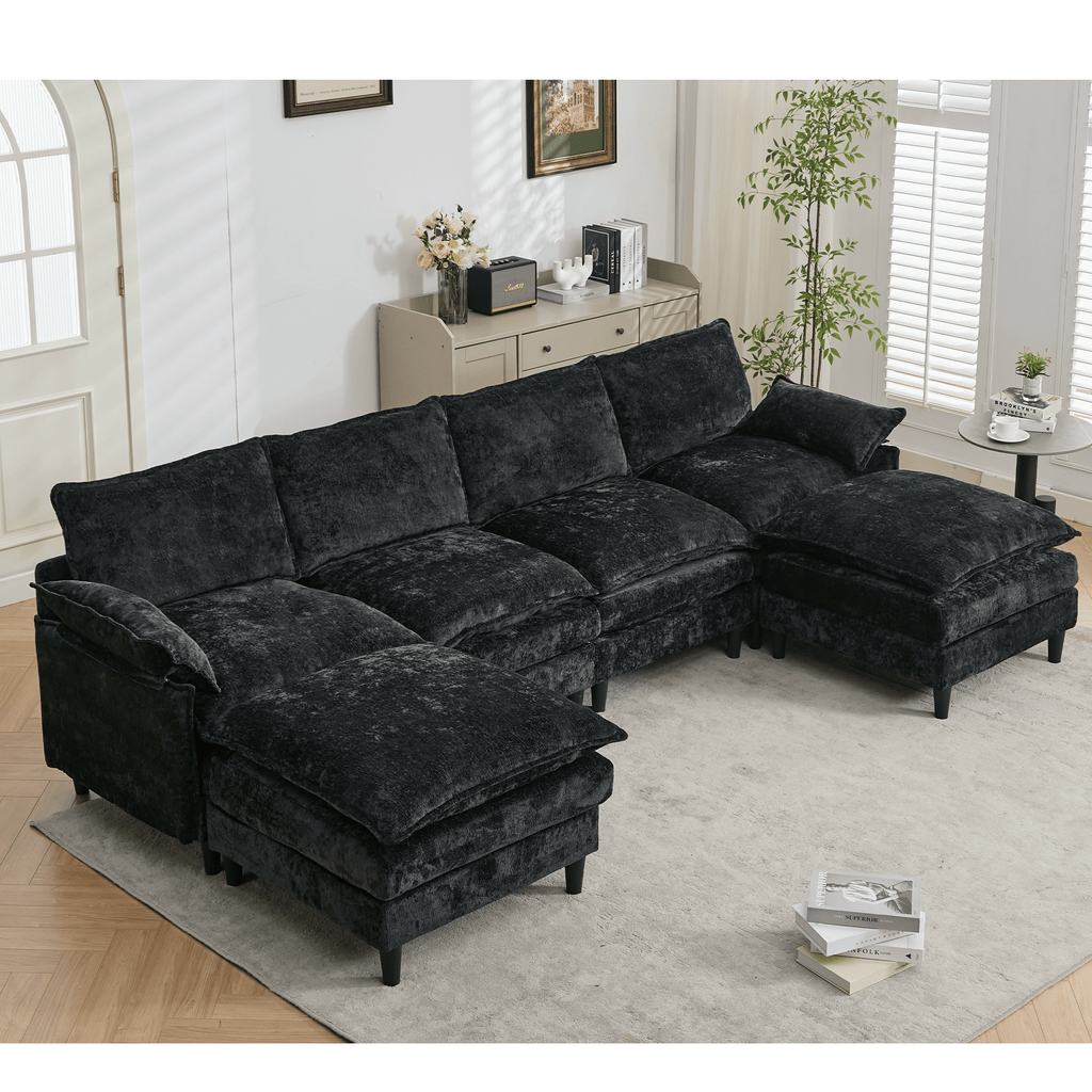 [NEW ARRIVED]Modular Sofa,U Shaped Cloud Couch Comfy Set ,6-Seater, 2 Armrest Pillows,Convertible Sectional Couch, Living Room,Apartment, Chenille(2 Movable Ottoman),Black