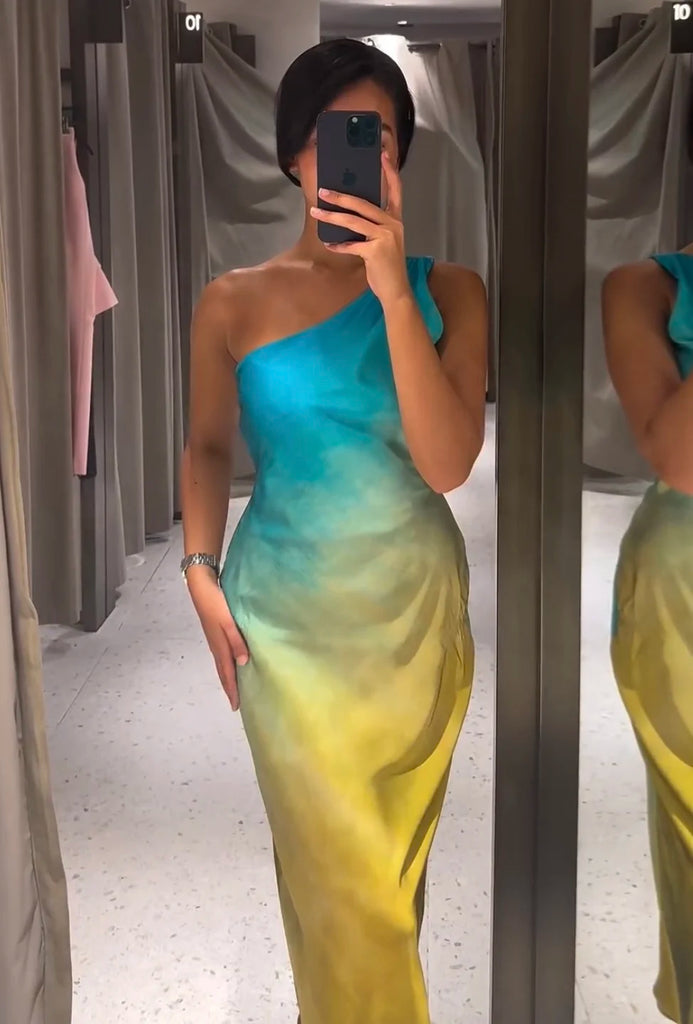 Asymmetrical Tie-Dye Gradient Satin Dress for Women Long Dress Street Style Fashion Summer Elegant Wear