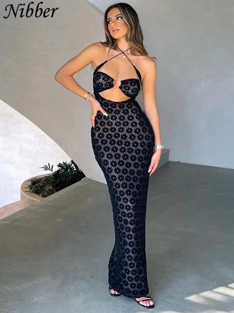Solid Color Hanging Neck Maxi Dress for Women with Hollow Design and Flattering Hips Stylish Streetwear Long Dress - NIICY