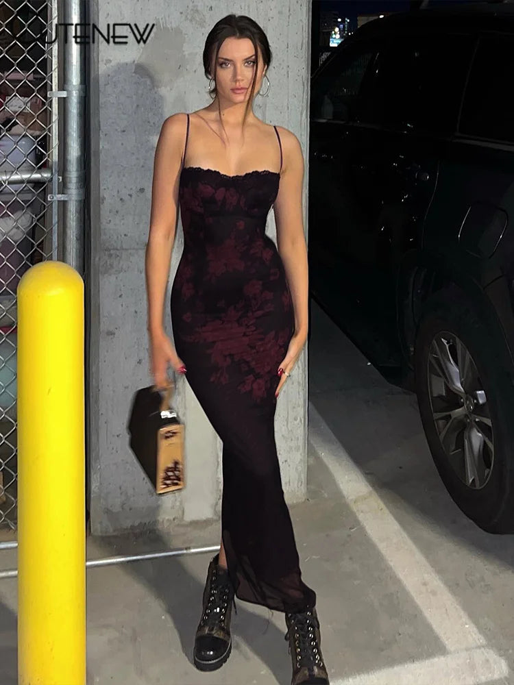 Women’s Lace Red Floral Printed Maxi Dress with Wrap Chest Strap and Backless Slim Fit Elegant Robe for Ladies Clubwear