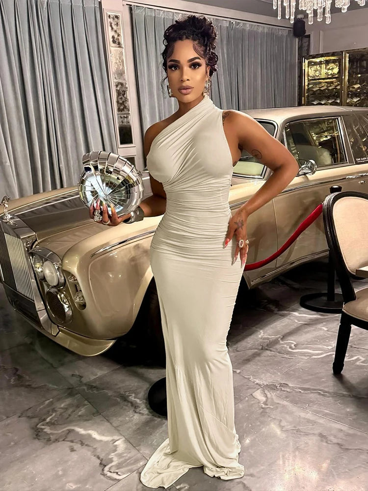 Elegant Women’s Y2K Summer Dress with Inclined Shoulder Fit and Slim Silhouette for Parties and Clubs