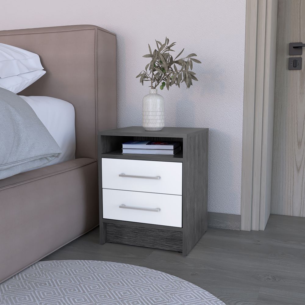Nightstand Cartiz, Two Drawers, Smokey Oak / White Finish
