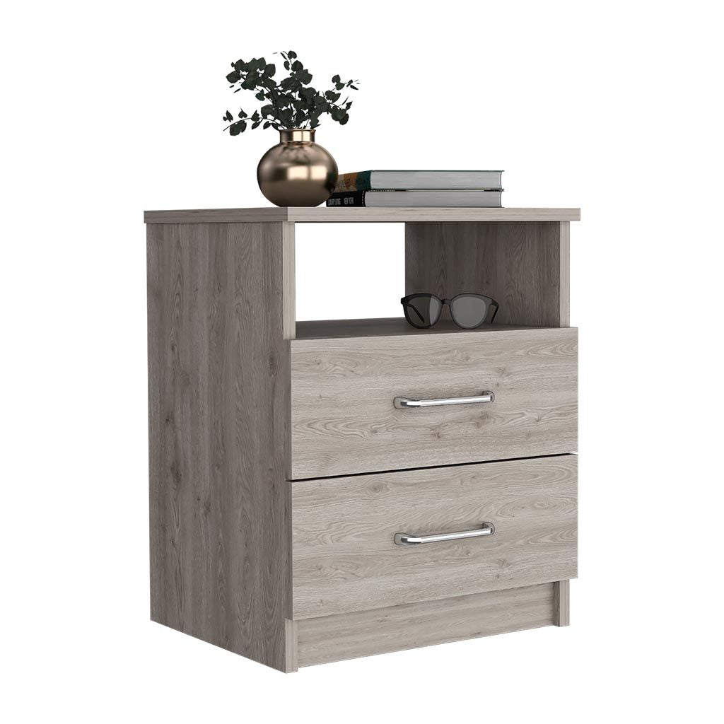 Nightstand Olienza, Two Drawers, One Shelf, Light Gray Finish