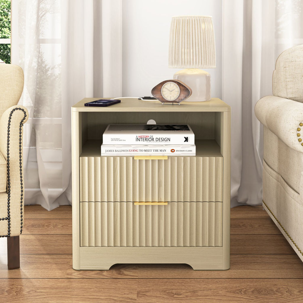 Nightstand with Charging Station, Smart Nightstand with Night Light,Bedside Tables with Storage Cabinet for Bedroom, Wood