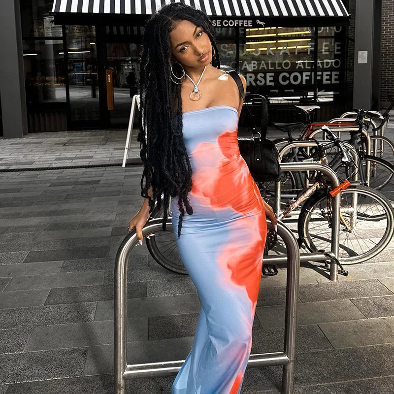 Sexy Strapless Print Tube Maxi Dress Women Off Shoulder Beach Long Sundress Summer Y2K Clothes - NIICY