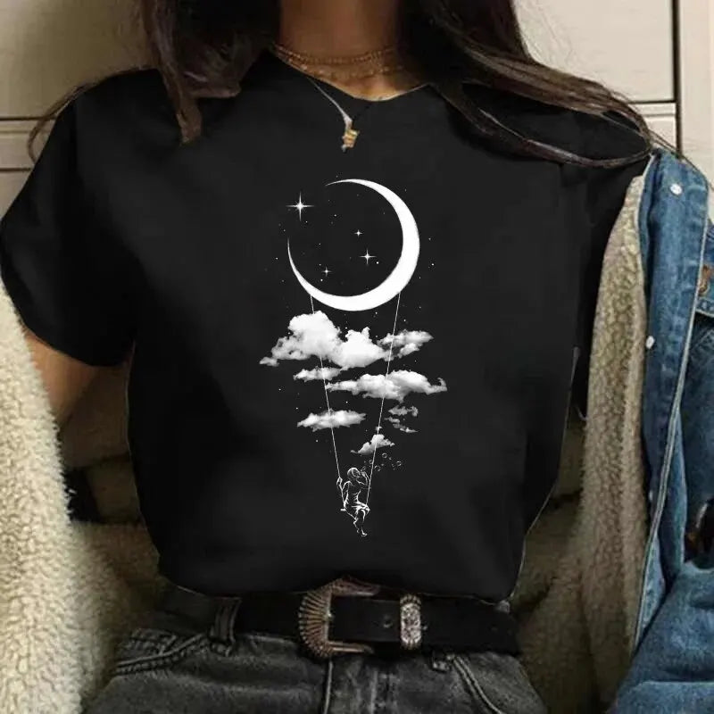 Moon Harajuku Funny 90s Women T Shirt Girl Cartoon Graphic Printed Black Ladies T-shirt Casual Kawaii Tee - NIICY