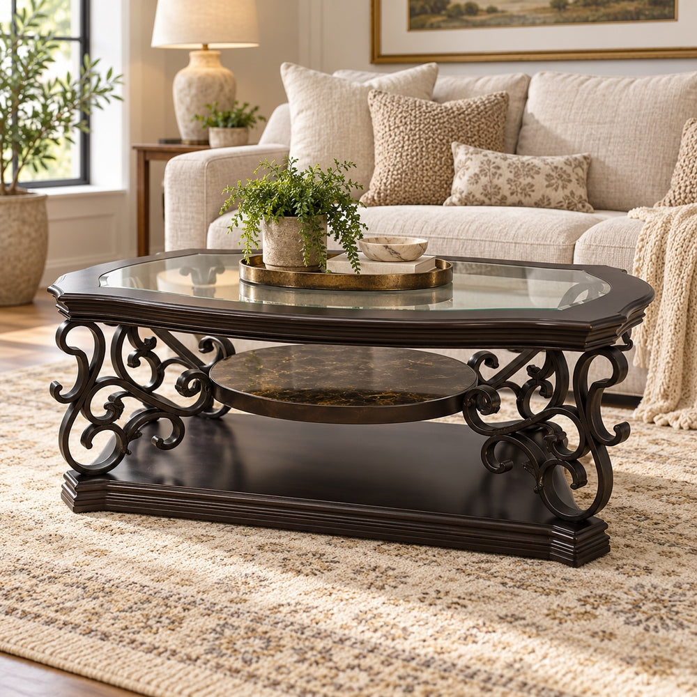 Cocktail Table, Glass table top, MDF W/marble paper middle shelf, powder coat finish metal legs. (52"Lx32"Wx20.3"H)