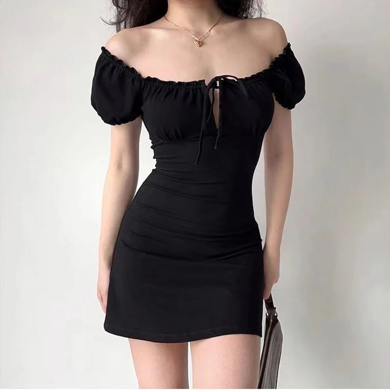 Summer Sexy Mini Dress for Women Short Sleeve Lace Up Hollow Backless Folds Bodycon Black Party Dress with Elegant A-Line Silhouette - NIICY