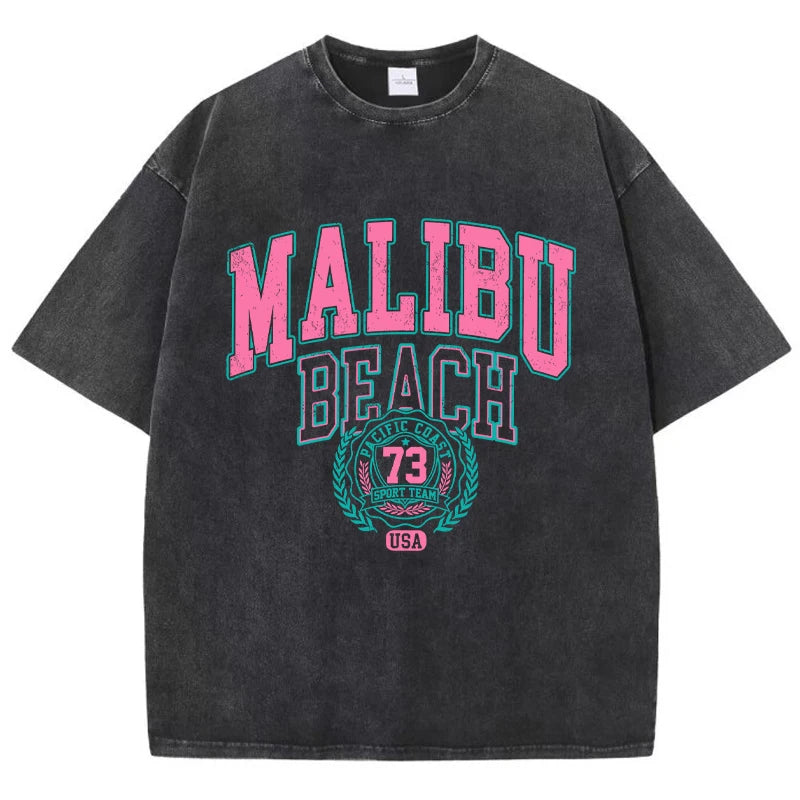 Malibu Beach Washed T-Shirt Women Letter Printing Cotton Crewneck Casual Oversized Top - NIICY