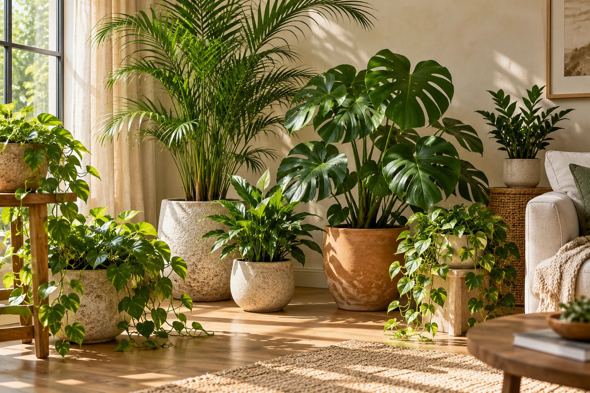 Indoor palms and leafy plants in a sunlit living room