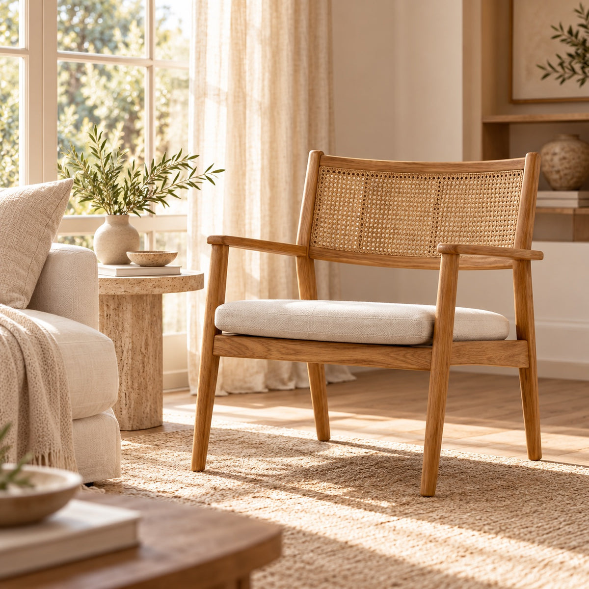 Woven lounge chair in a sunlit living room