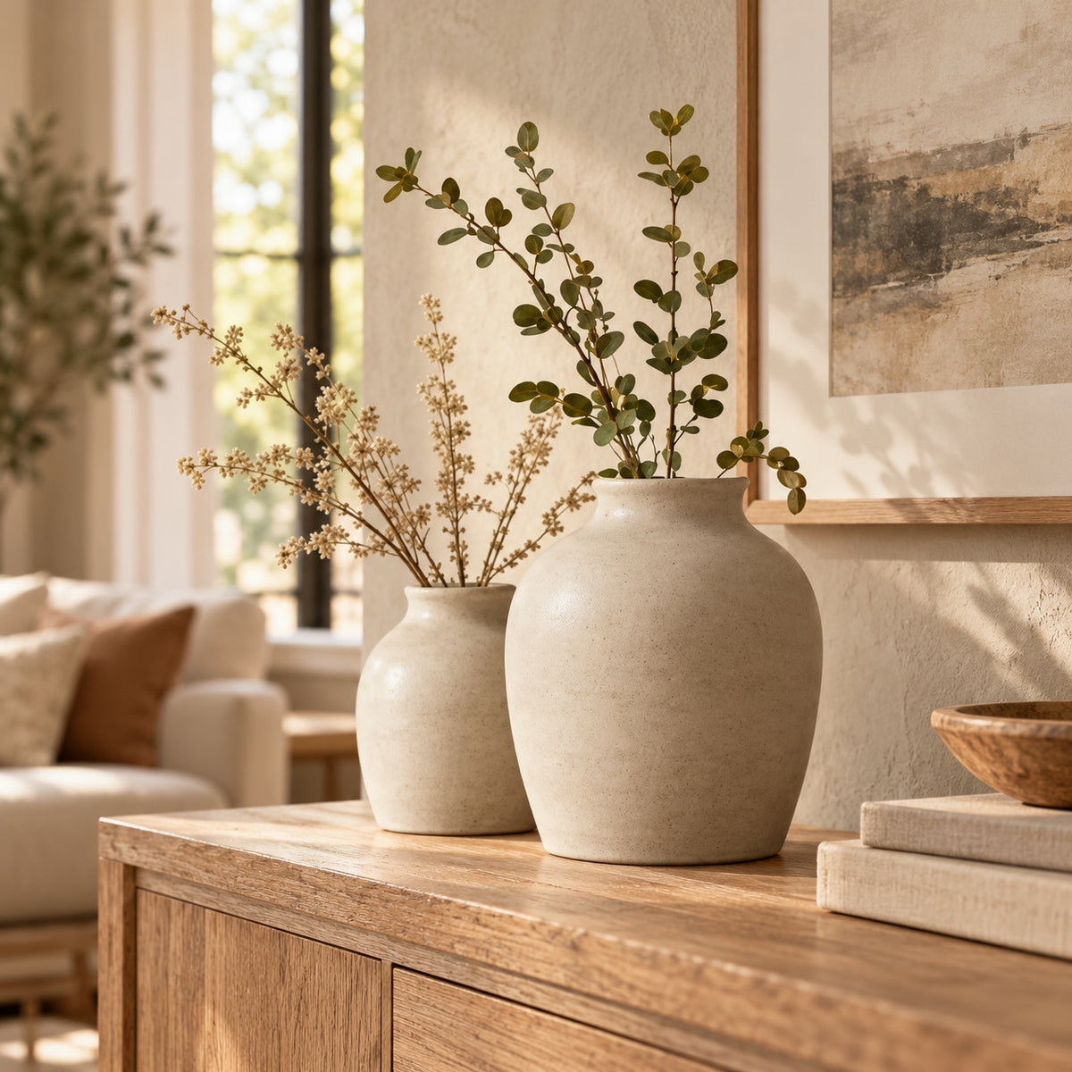 Ceramic vases styled on a wood console in a warm living room