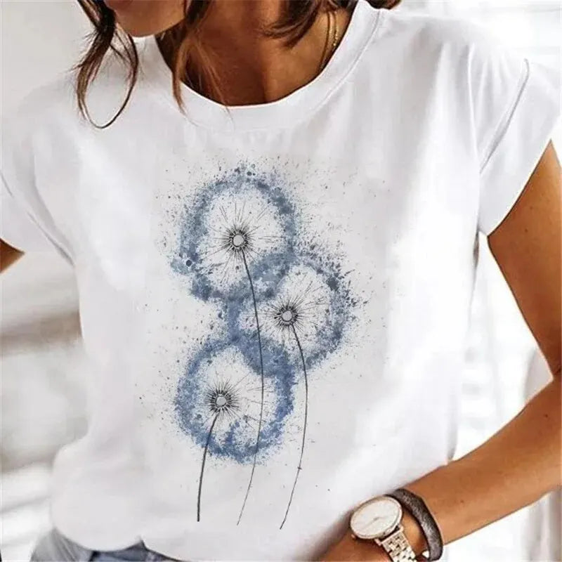 Dandelion FashionWatercolor 90s Short Sleeve Spring Summer Female Tee Graphic T Shirt - NIICY