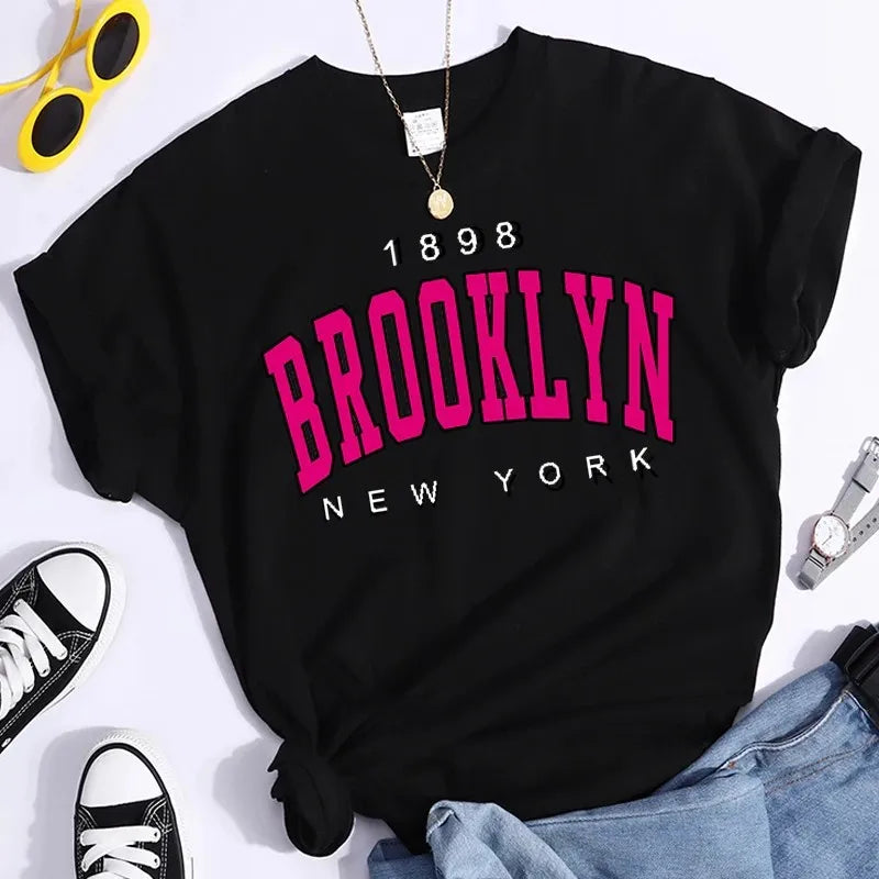 Summer Women T Shirt Brooklyn 1898 New York Print Short Sleeve Casual Streetwear - NIICY