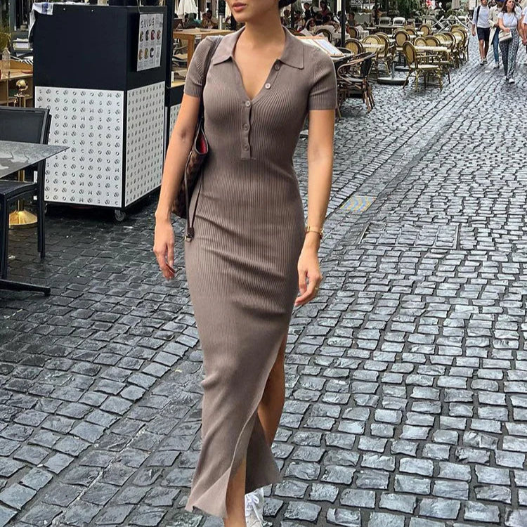 Kliou Elegant Office Lady Maxi Dress Women Solid Turn-down Collar Short Sleeve Side Slit Body-Shaping Street Robe - NIICY