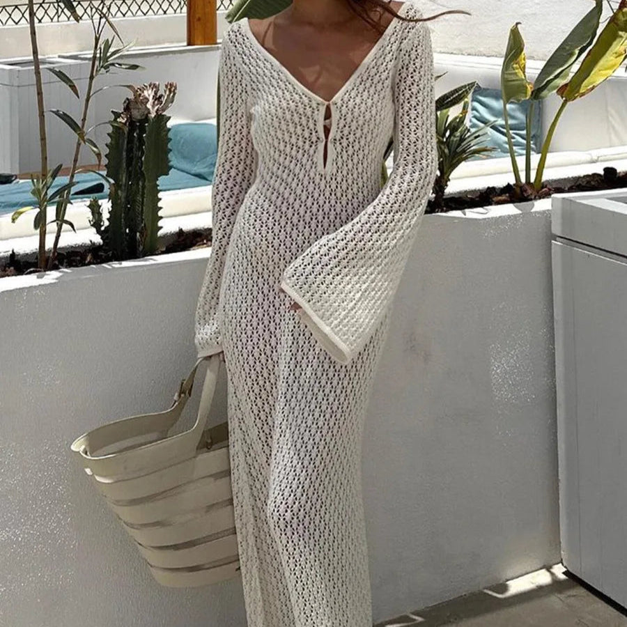 Sexy Women White Long Knit Sleeve Bikini Cover Up See-Through Deep V-Neck Backless Beach Dress - NIICY