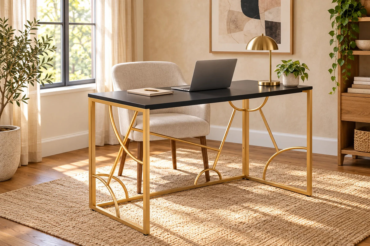 Black and gold desk in a naturally lit home office