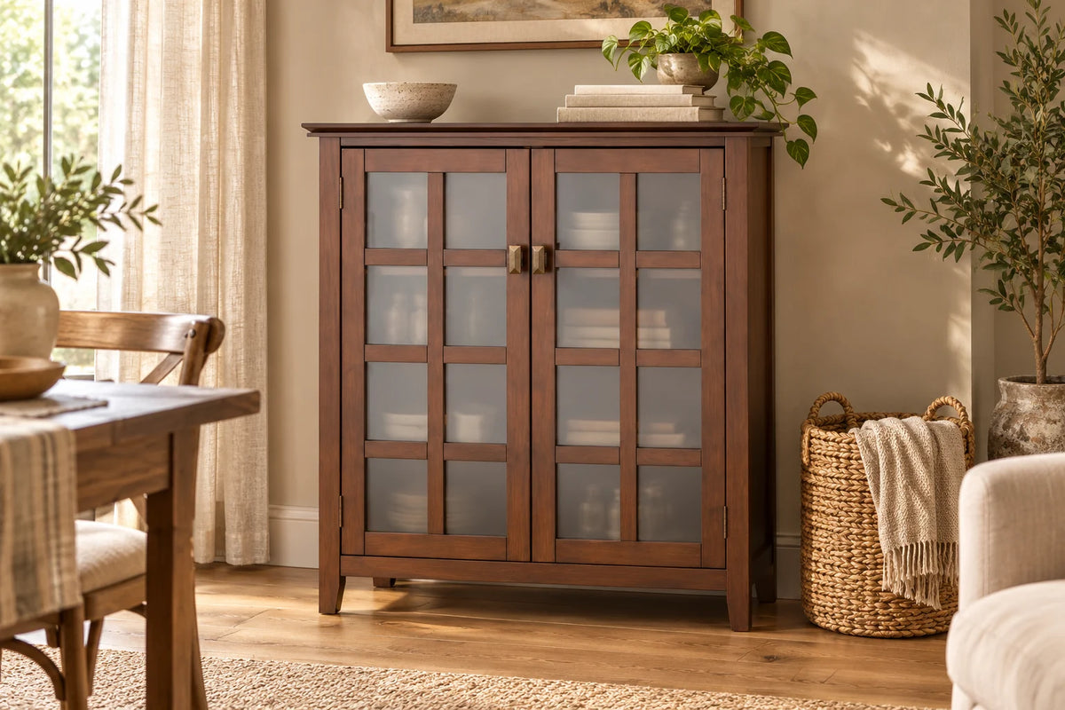 Wood storage cabinet styled with books and baskets in a sunlit home