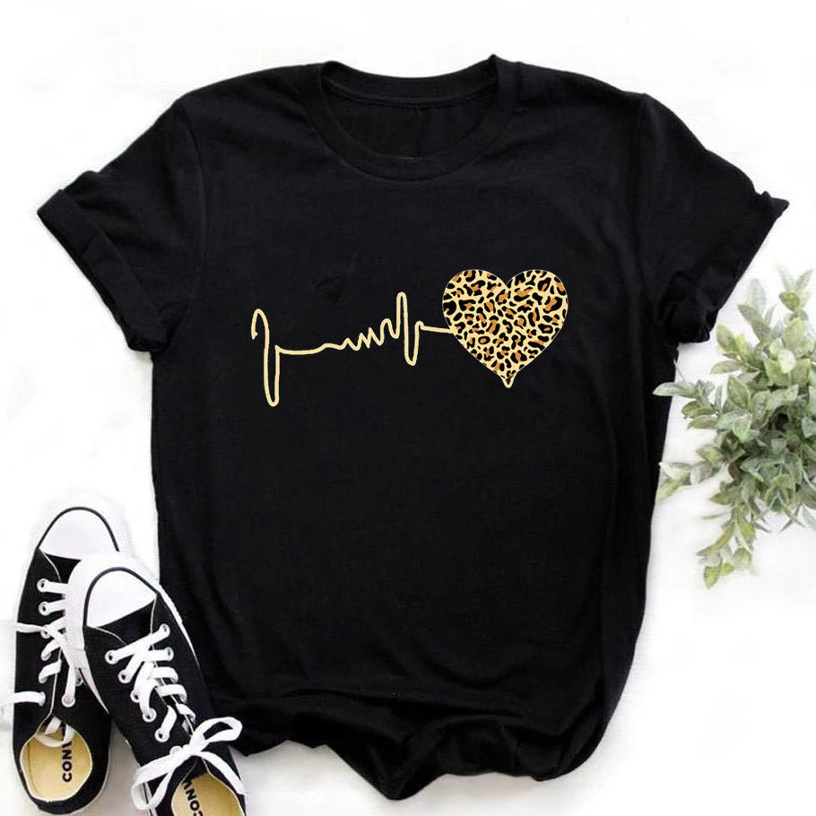 Summer New 90s Leopard Heartbeat Graphic Women's T-Shirt Harajuku Top Drop Ship - NIICY