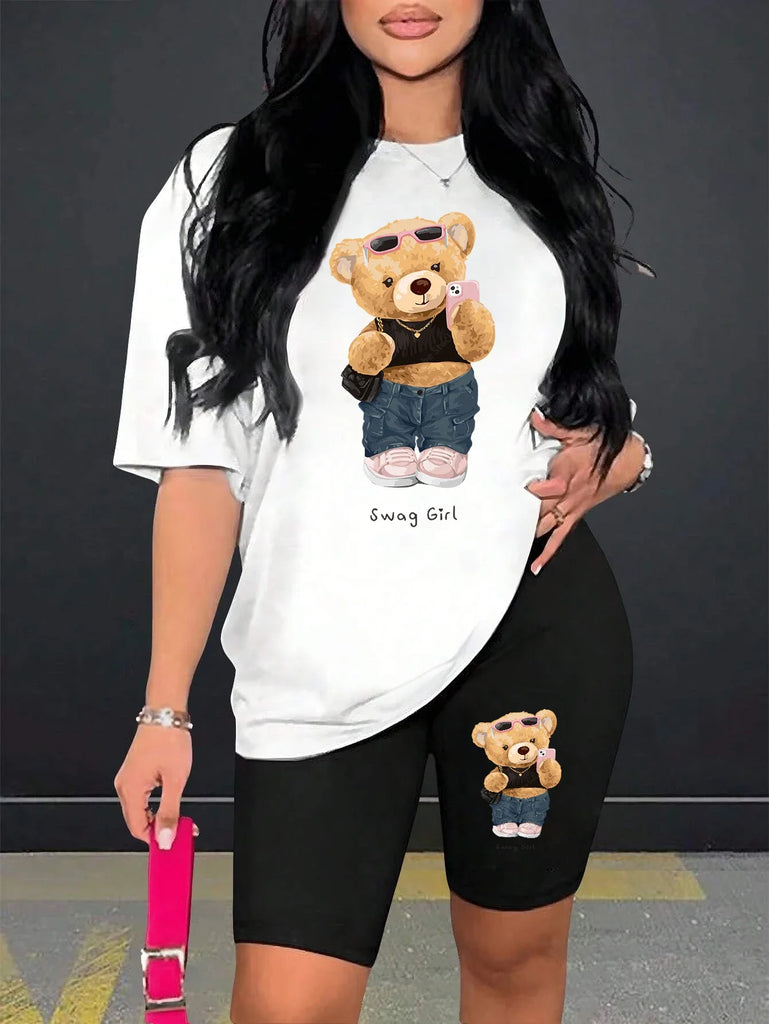 Cute Plush Bear Two Piece Women’s Soft Short Sleeve Shirt and Comfy Shorts Set for Casual Sportswear